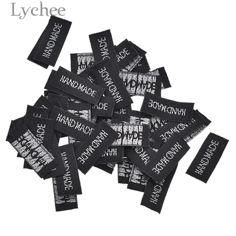 Lychee life 50 sztuk czarne, ręcznie robione etykiety tkane zmywalne haft tagi dla odzieży torby DIY akcesoria do szycia