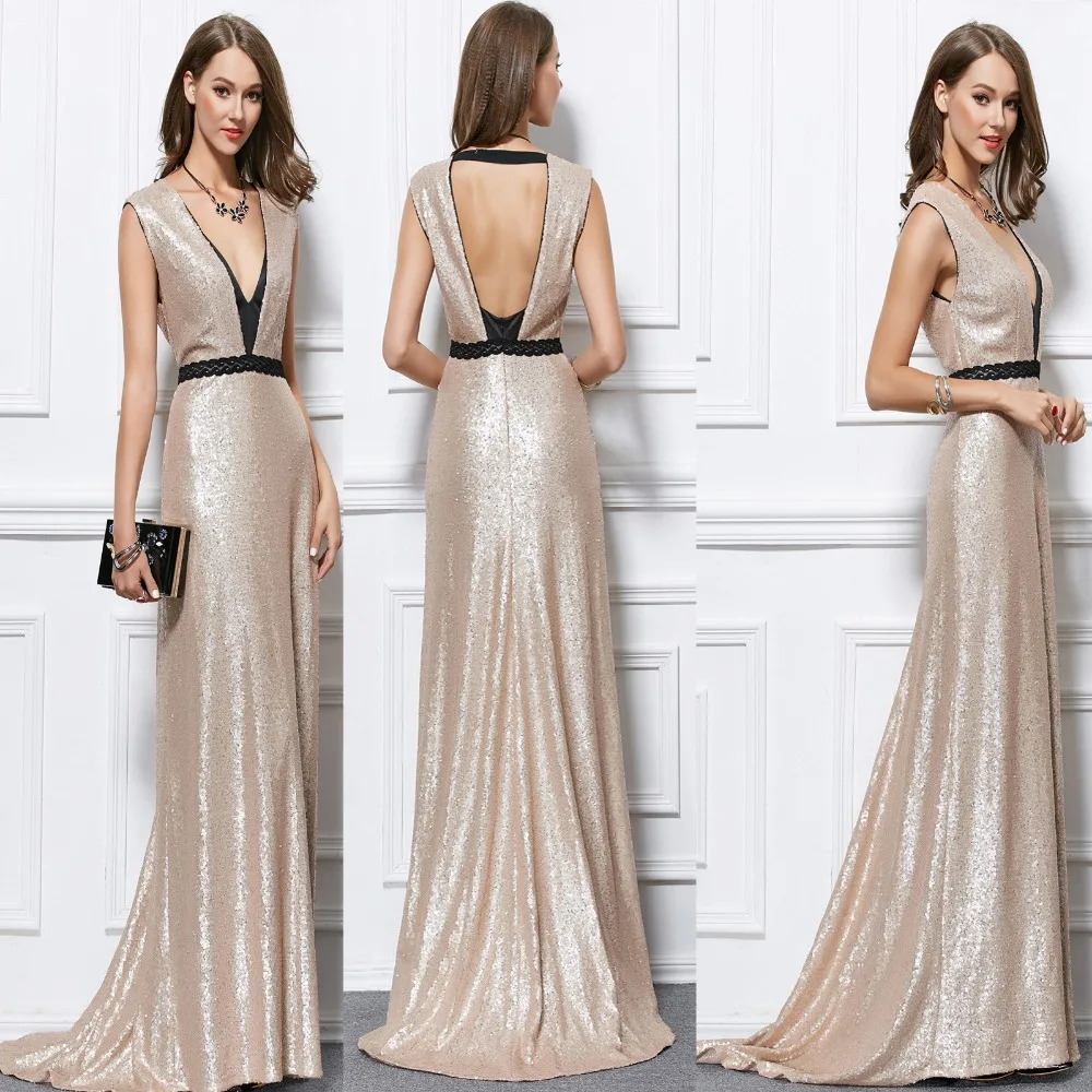 2018 New V neck sequined Mermaid Long Maxi Formal Prom Party Wedding Monther of the bride Dresses Champagne US size 4 6 8 10 12