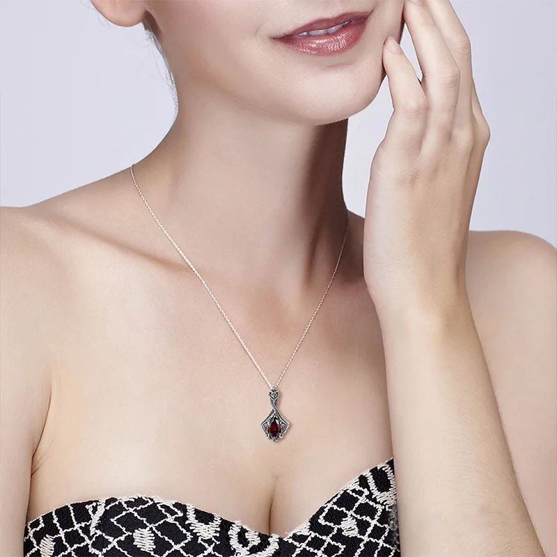 Vintage Women Garnet Pendant Real 925 Sterling Silver Necklace Pendant Lady Wedding Party Love Fine Jewelry Handmade Design Gift