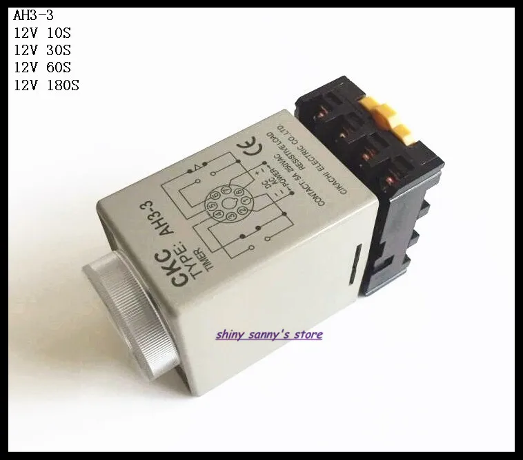 2 Sets/Lot AH3-3 DC12V 10S/30S/60S/180S Power On Delay Timer Time Relay 12VDC 8 Pins With PF083A Socket Base Brand New