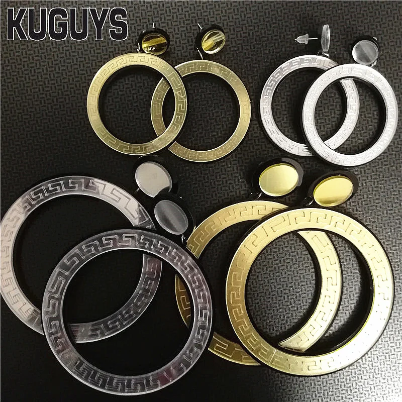 KUGUYS Round Hoop Large Earrings for Women Vintage Pattern Gold Silver Color Hyperbole Big Circle Acrylic Jewelry