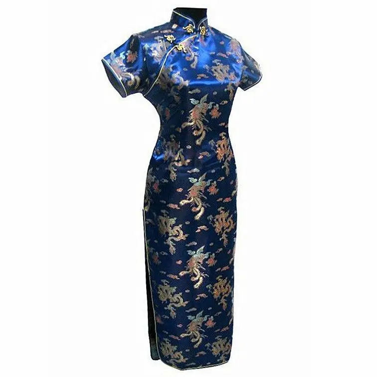 Navy Blue Traditional China Cheongsam Mujer Vestido Women's Satin Long Qipao Dress  S M L XL XXL XXXL 4XL 5XL 6XL J3093