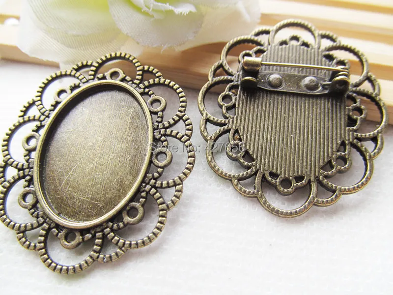 50pcs Antique Silver/Bronze Handmade Oval Lace Border Brooch/Pin/Breast Pin,Base Setting Tray Bezel,Fit 18mmx25mm Cabochon/Cameo