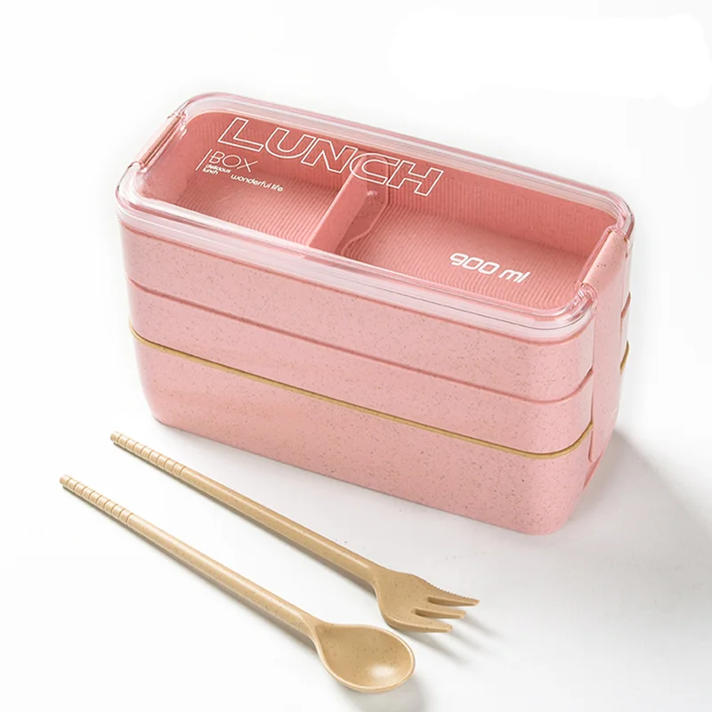 TUUTH Microwave Lunch Box 3 Layer 900ml Storage Box Wheat Straw Fruit Salad Rice Bento Box Food Container for School Office