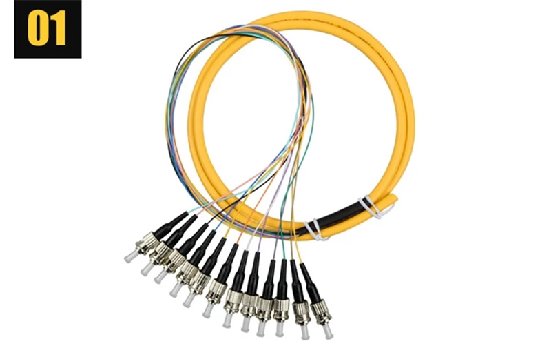 12core ST Pigtails 1.5mtr colored bundle 9/125um SM optical fibre cable with yellow cable 0.9mm inside 12 port factory ELINK