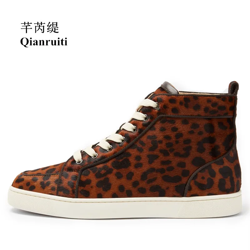Qianruiti Men Leopard Shoes Horsehair Sneaker Lace-up Flat High Top Men Camping Shoes Plus Size 39-47