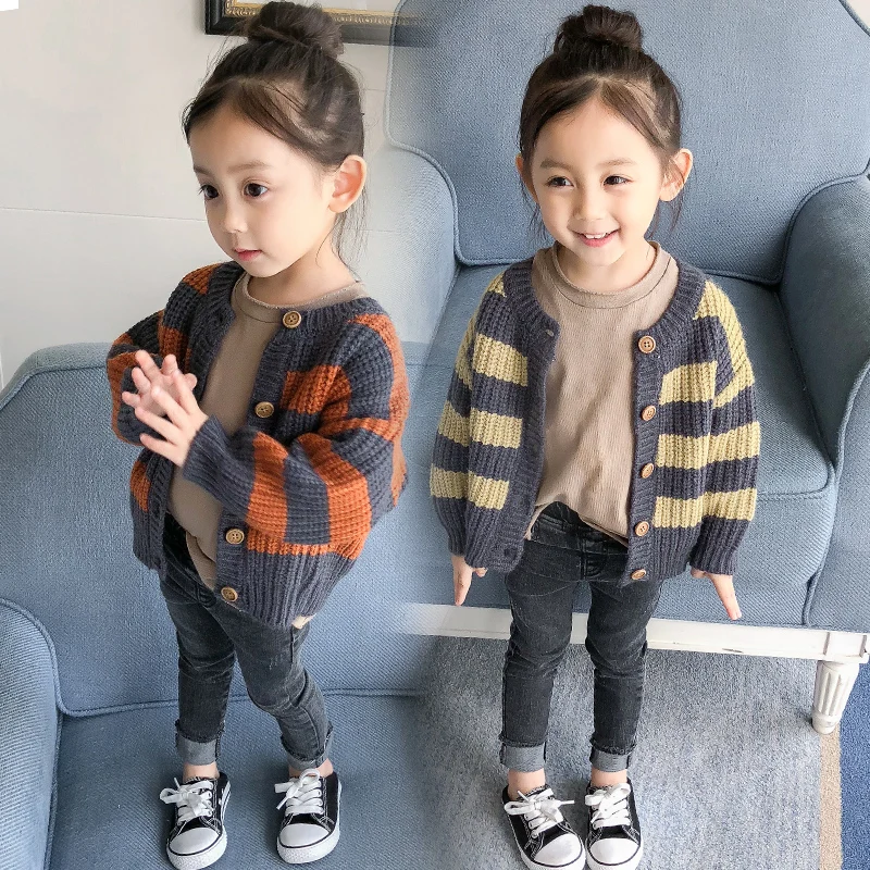 

Baby Girls Knitted Cardigan Sweater 2018 New Spring Fall Children's Striped Knitwear Baby Kids Lovely Casual Loose Sweaters B24