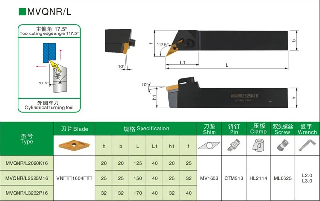 1PCS MVQNR1616H16 MVQNR2020K16 MVQNR2525M16 MVQNR3232P16 MVQNL1616H16 CNC Lathe Cutting Tools External Turning Tool Holder