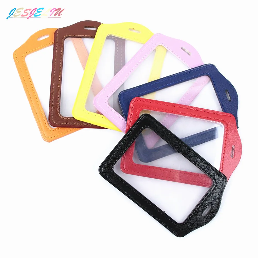 PU Leather ID Badge Case Clear With Color Border Lanyard Holes Double Sided Transparent Credit Card Holder Gift Office Supplies