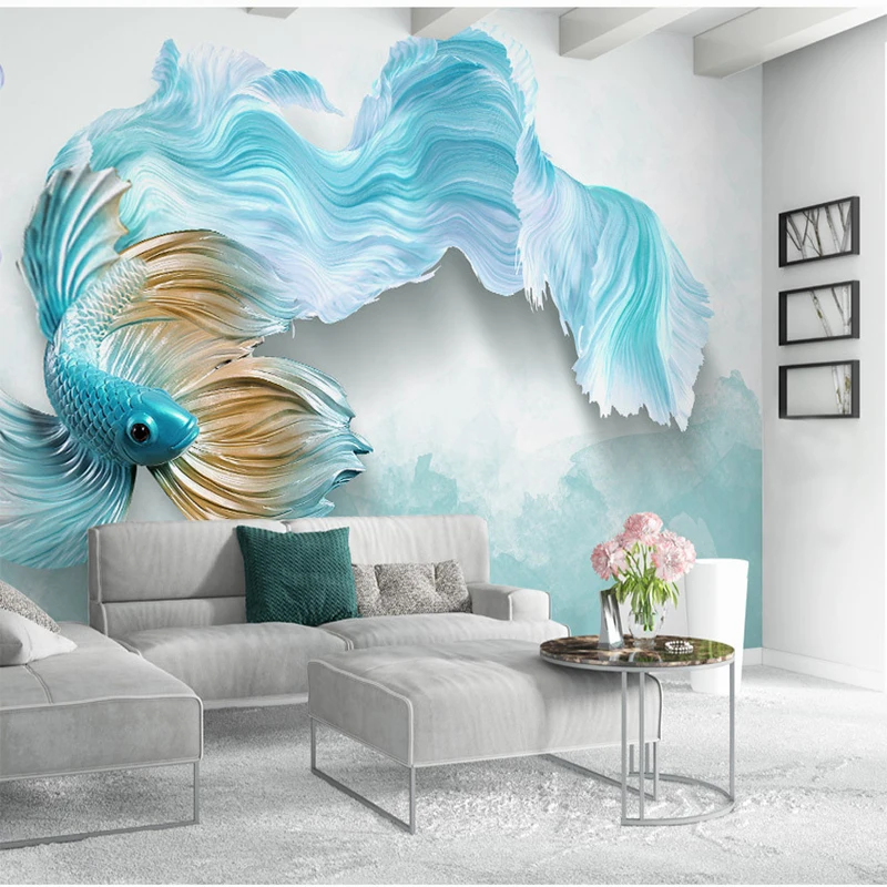 Custom Muur Doek 3D Stereo Abstracte Blauwe Guppy Behang Woonkamer Slaapkamer Tv Achtergrond Thuis Decoratieve Muurschilderingen Papel Tapiz