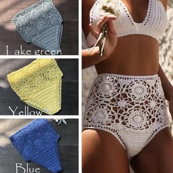 Crochet bikini wysokiej talii Bikini majtki podłogi oddzielne stroje kąpielowe damskie szorty 2021 haki bielizna spodnie do pływania