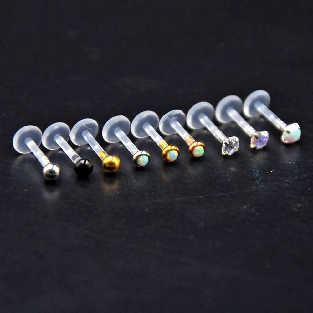 1Pc Bioplast Flexible Push-in Labret Lip Stud  with Press Fit Steel Ball/Opal 16G Ear Cartilage Tragus Piercing Body Jewelry