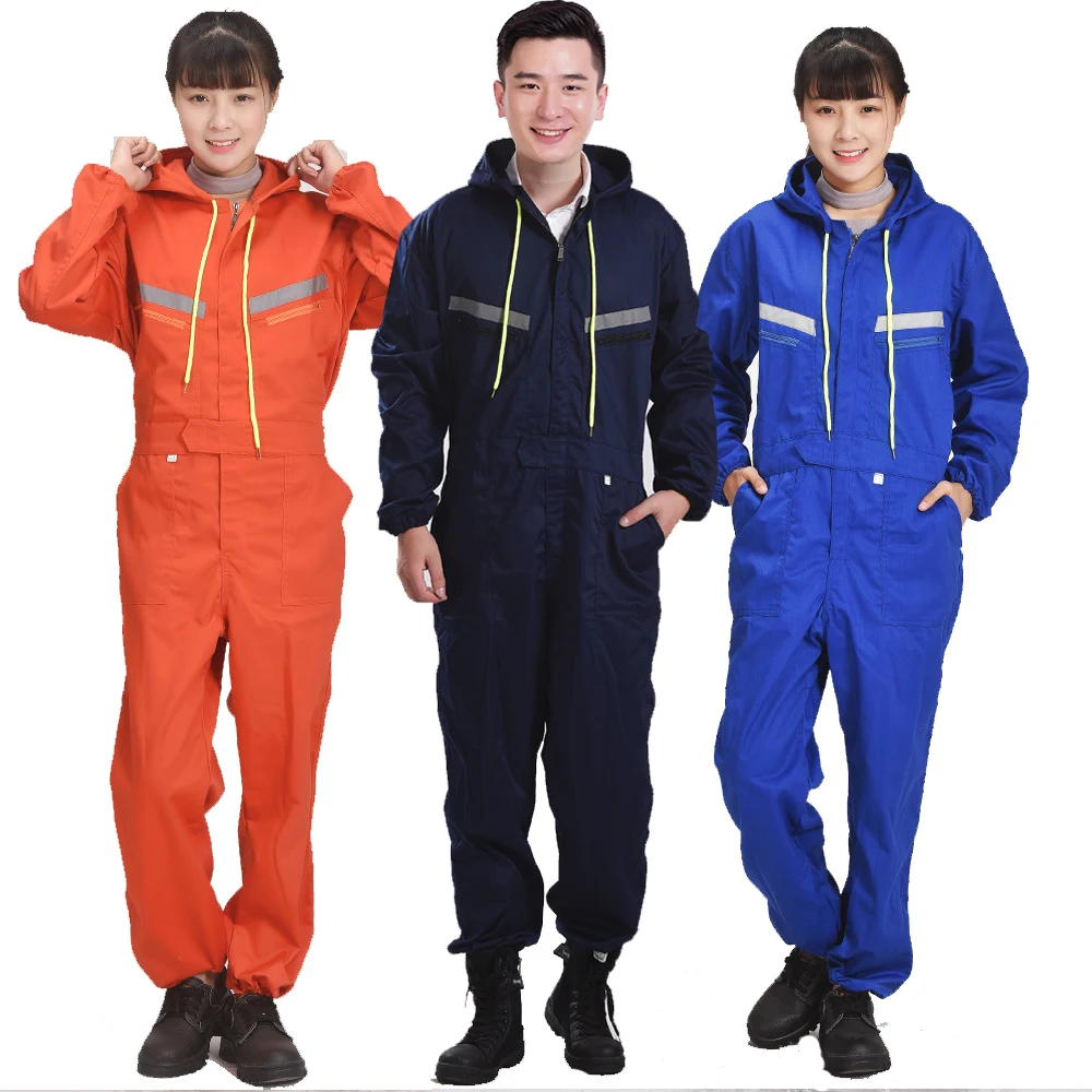 

Men Women Coveralls Long Sleeve Hooded Reflective Strip Overalls Auto Repair Engineering Spray Paint Workwear Working Uniforms