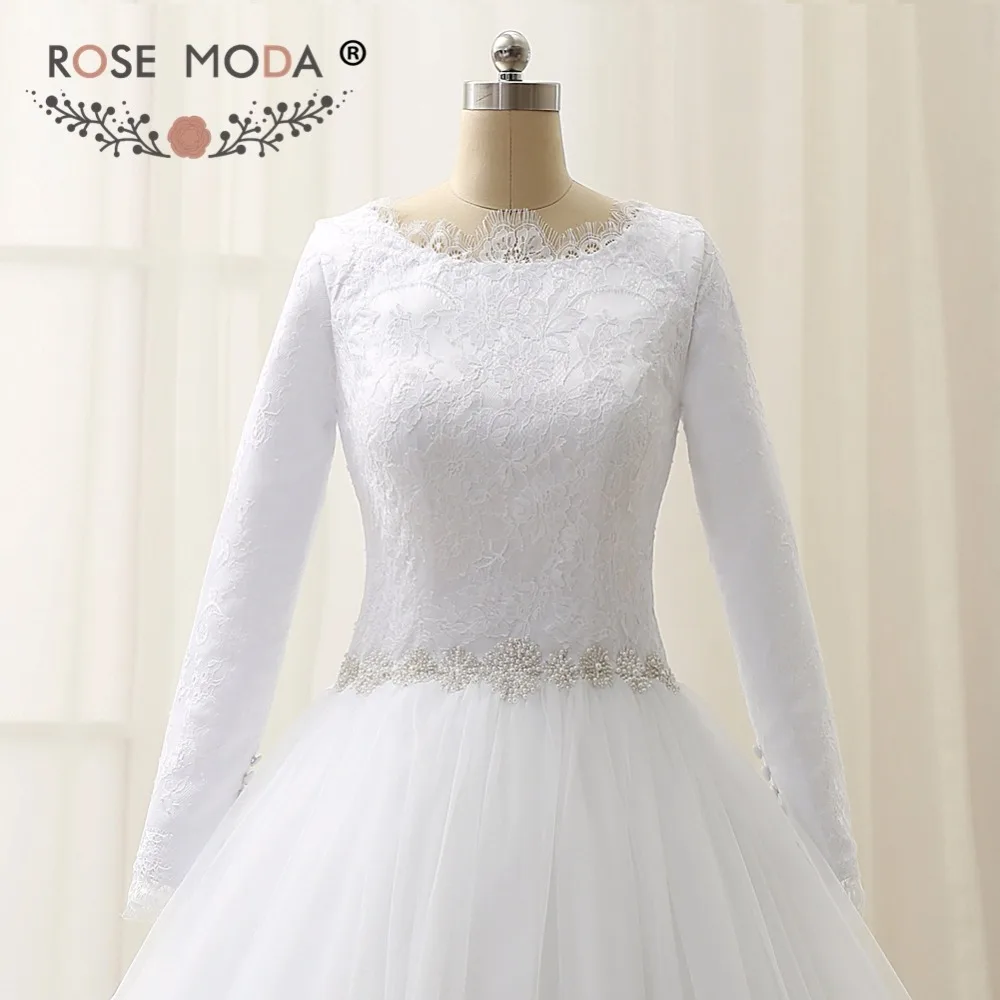 Rose Moda – robe de mariée musulmane, col haut, manches longues, avec ceinture, Photos réelles, sur mesure