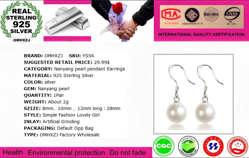 OMH wholesale Fashion jewelry Nanyang pearl 925 sterling Ear hook Stud earrings YS56