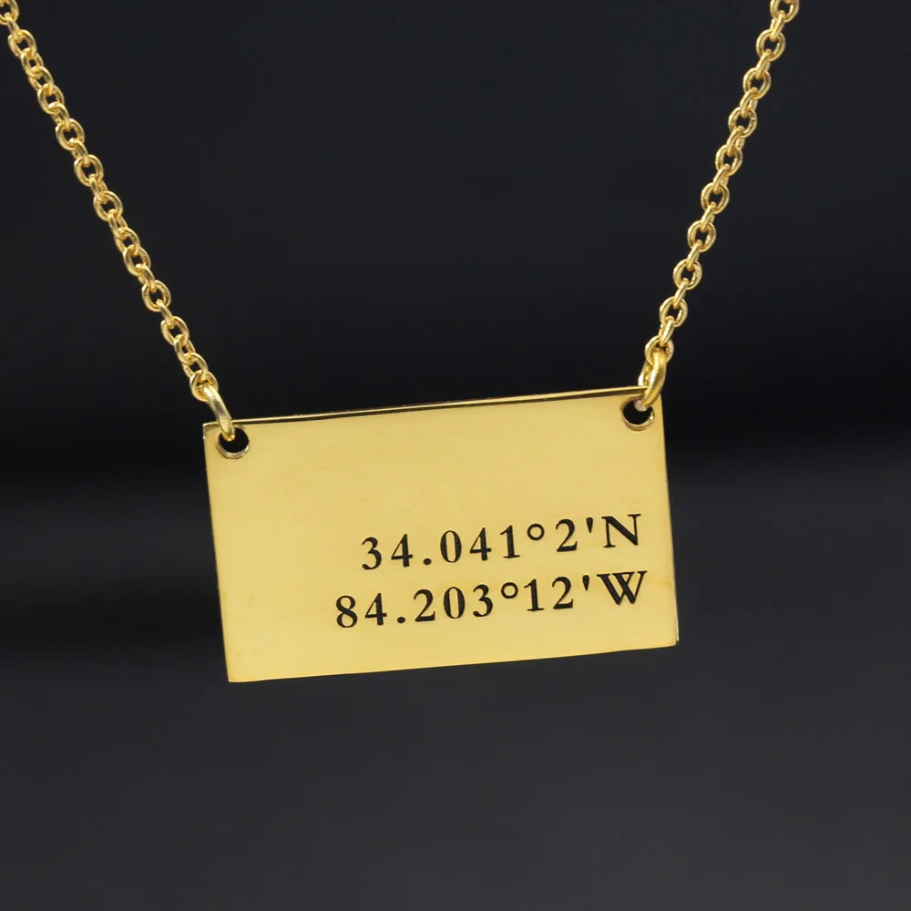 

Customized Coordinate Necklace Memorial Longitude and Latitude Engraved Necklace Golden Rectangle Charm Necklace