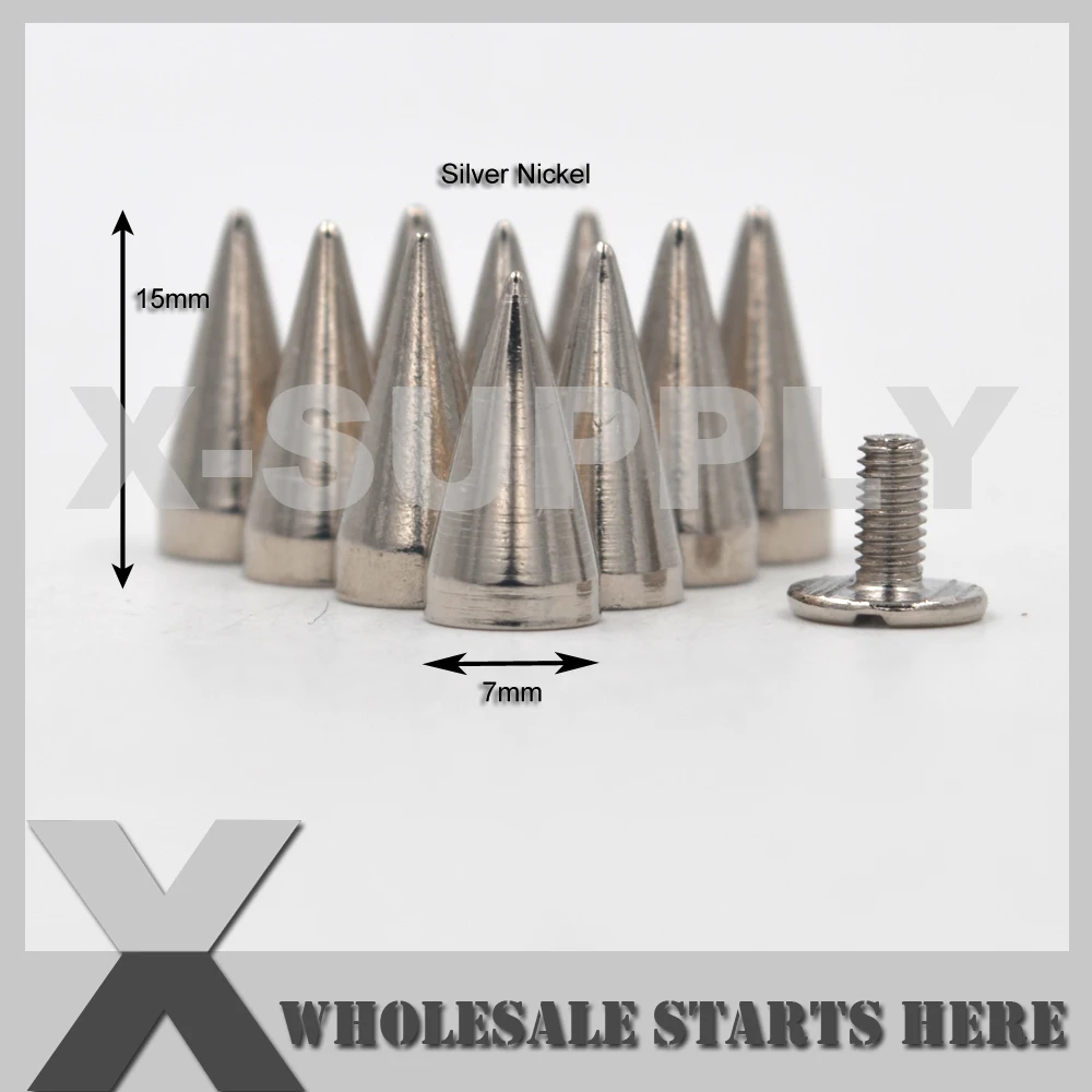 

7x15 мм металлический серебряный завинчивающийся конус с шипами/латунный материал, используемый для изделий из кожи, джинсов, шапок, обуви, панк