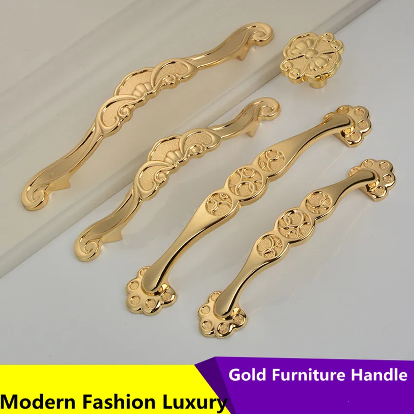 96mm 128mm modern fashion luxury win cabinet kitchen cabinet door handle bright gold carved creativity drawer cupboard knob pull