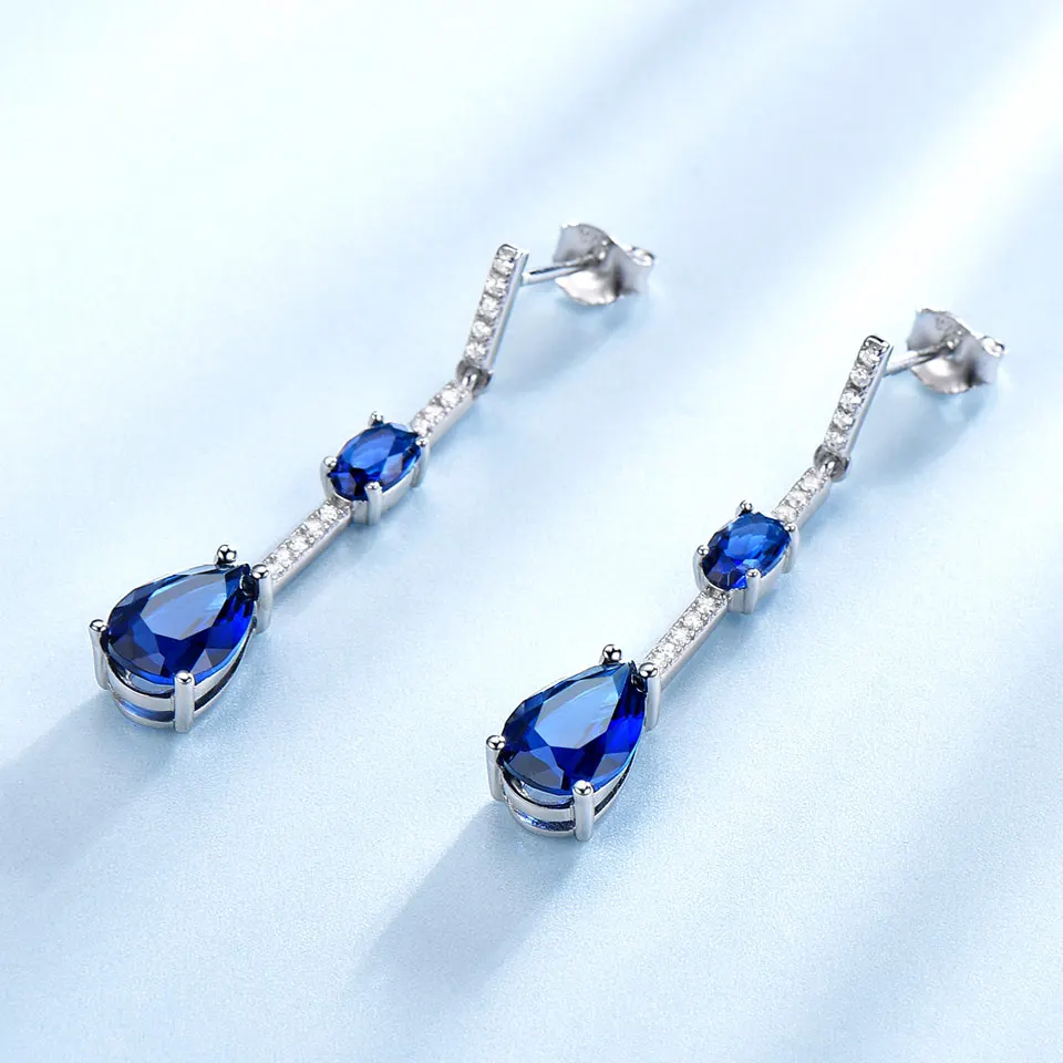 UMCHO Solid 925 Sterling Silver Drop Earrings For Women Blue Sapphire Earrings Wedding Handmade Jewelry Simple Modern Gift