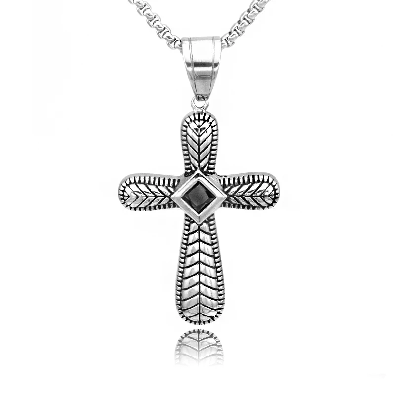 Black Stone Vintage Cross Necklace Christian Stainless Steel  Banquet Fashion Jewelry Men Women Crucifix