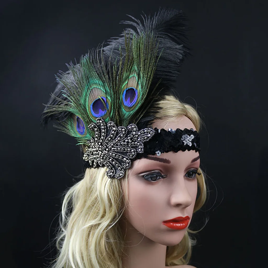 

Sequined Peacock Feather Hairband Rhinestone Gasby Elastic Headband Halloween Women Headwear Costume Party Feather Headpiece