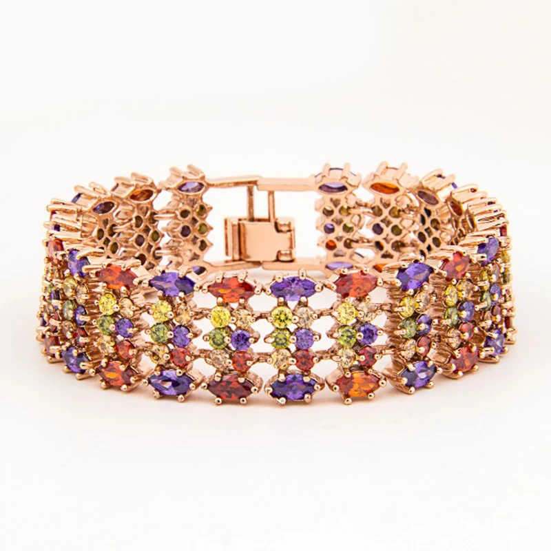 Emmaya Rose Gold Color Mona Lisa Multicolor CZ Stones Cluster Women Bracelet Jewelry Wedding Party Gift