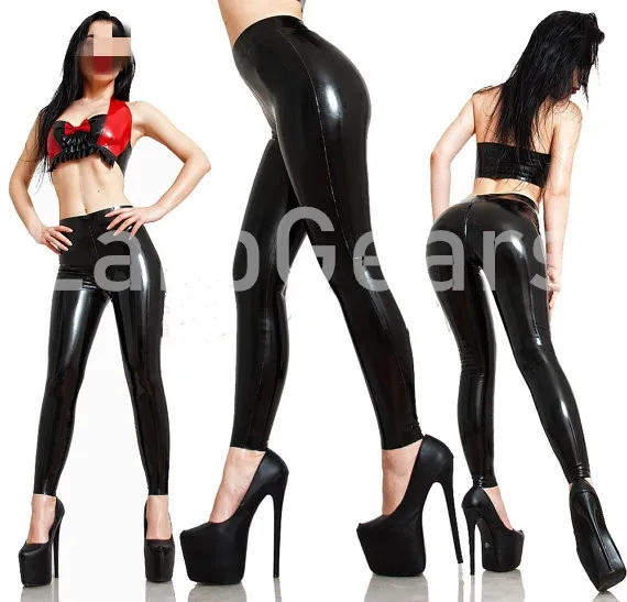 Sexy Zwarte Latex Leggings Broek Vrouwen Latex Leggings Met Kruis Rits