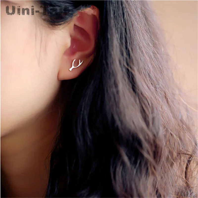 Uini-Tail hot 925 Tibetan silver deer antler symmetry earrings Korean fashion tide flow cute fashion hypoallergenic earrings