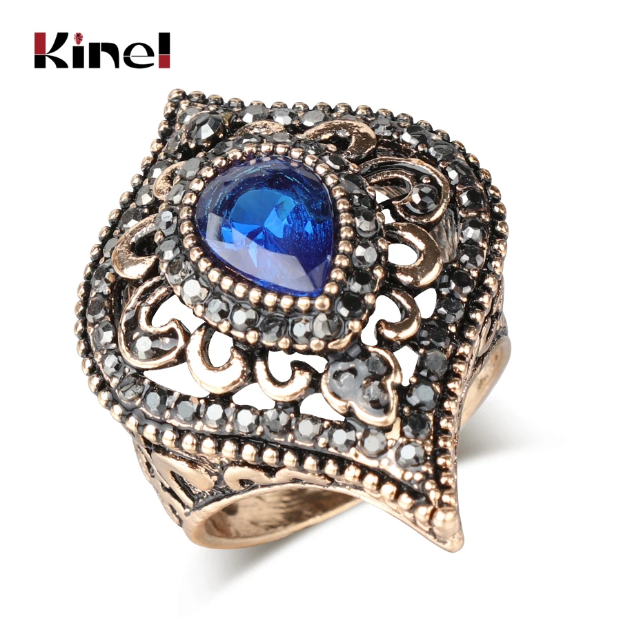 Kinel Fashion Indian Blue Crystal Ring For Women Ancient Gold Color Bohemia Rings Vintage Jewelry Wholesal 2018 New