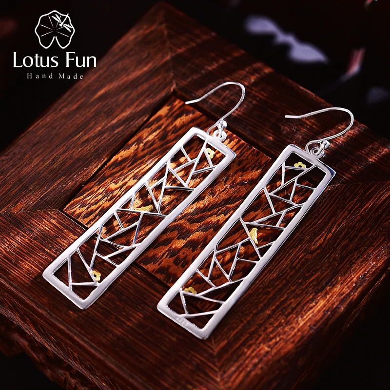 

Lotus Fun Real 925 Sterling Silver Handmade Fine Jewelry Oriental Element Window Paper-cut Design Dangle Earrings for Women Gift