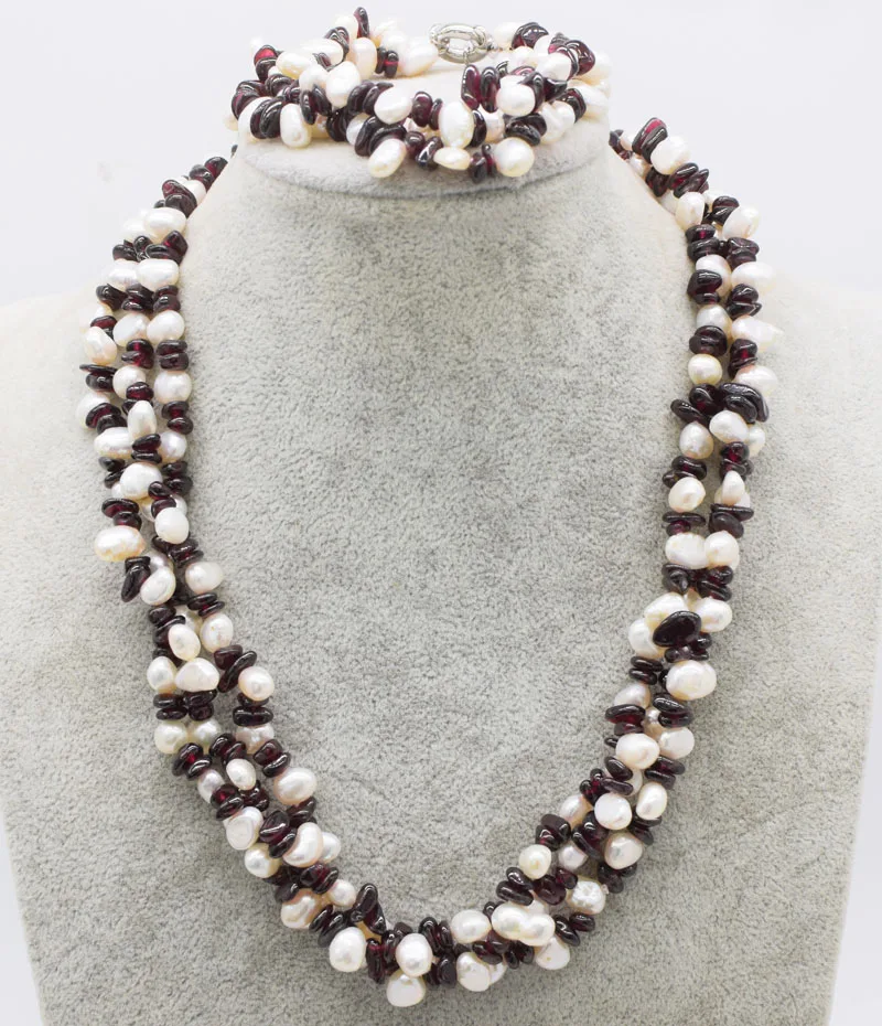 one set 3rows  freshwater pearl white baroque red garnet necklace bracelet 19inch FPPJ wholesale beads nature