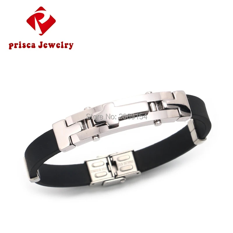 Men\'s Cross Silicone Black Bracelets Stainless Steel Fashion Cuff Bangle Adjustable Boys Trendy Jesus Jewelry Accessories