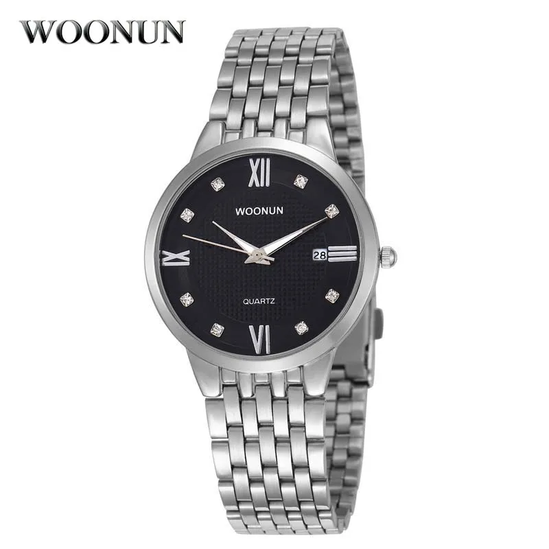 WOONUN Famous Brand Watches Men Male Waterproof Shockproof Date Clock Silver Steel Quartz Watch Thin Men Watches Classic Hodinky