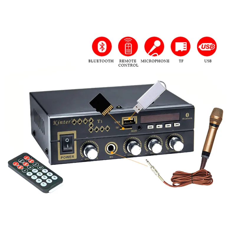 

New 2021 Quality Microphone Hifi Bluetooth Power Amplifier 12V 110V 220V Digital Player DVD CD MP3 TF USB Multifunction FM Radio