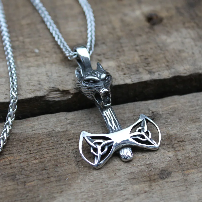 

316L stainless steel Wolf Viking Battle Axe Necklace Pendant Double edged axe Necklace Vikings Trinity symbol boys men