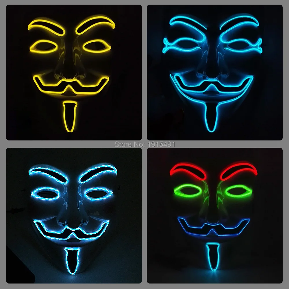 Luminous LED Neon Light Cosplay V For Vendetta Mask Guy Fawkes Light-Up Anonymous Mask Halloween Carnival Party Props In Dark