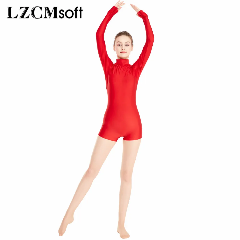 LZCMsoft Adult Mock Neck Biketards with Thumbholes Back Zip Spandex Long Sleeve Short Unitard Women\'s Ballet Dance Leotards