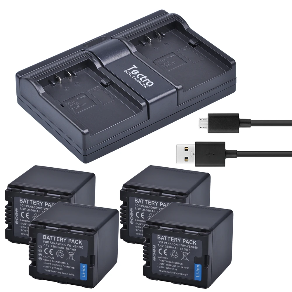 Tectra 4PCS VW-VBN260 Li-ion Battery + USB Dual Channel Charger for Panasonic HC-X800 HC-X900 HC-X900M HC-X910 HC-X920 HC-X920M