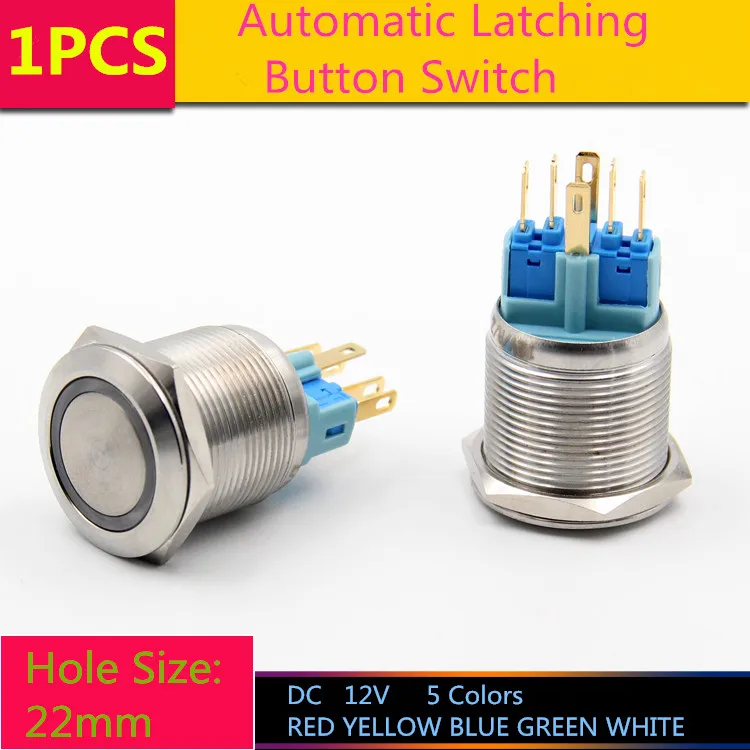 1PCS/LOT  YT1079B  Hole Size 22 mm  Self-locking  Metal button switch  With LED Light  DC 12V  Latching Switch Sell at a Loss