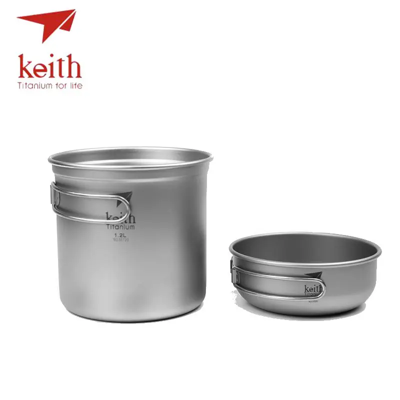 Keith Titanium 1.2L Pot 400ml Bowl Set Folding Handle Cook Sets Titanium Pot Set Camping Hiking Picnic Cookware Utensils