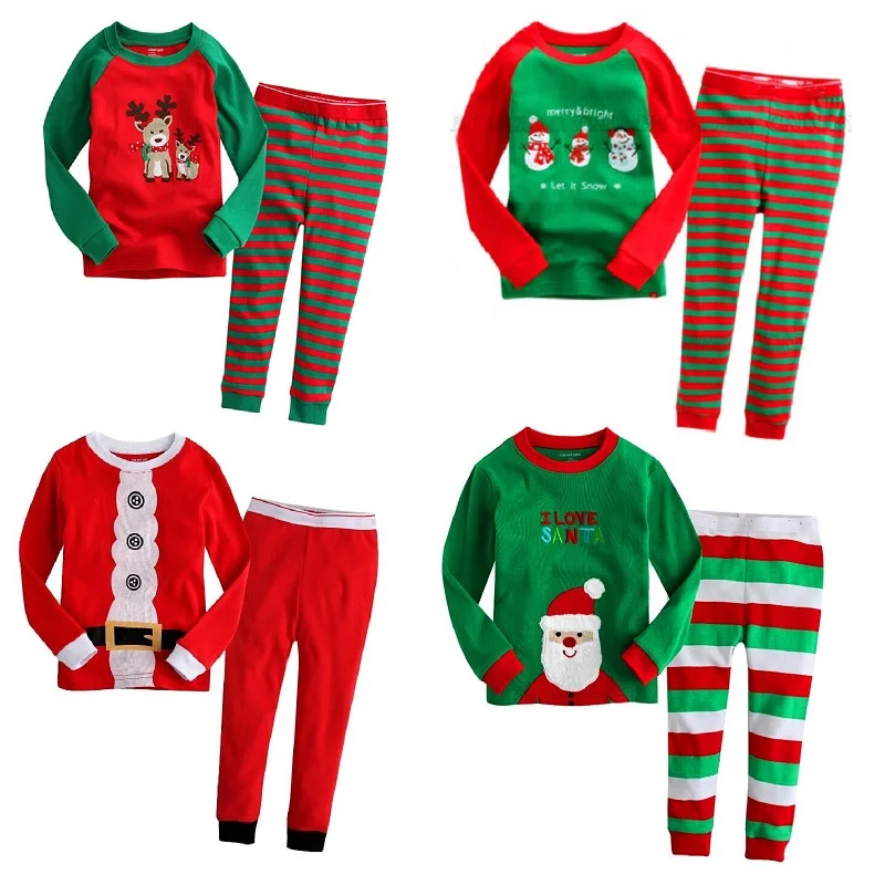 Hooyi Boys Christmas Pajamas 100% Cotton Children Red Santa T-Shirt Green Red White Striped Trouser Girls Sleepwear Tree Clothes