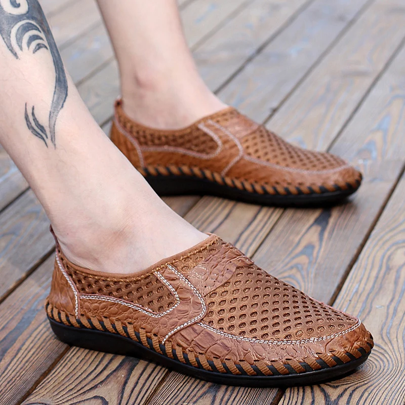 2019 Summer Breathable Mesh Shoes Mens Casual Shoes Genuine Leather Slip On Brand Fashion Summer Shoes Man Soft Comfortable