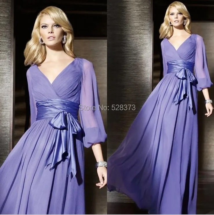 YNQNFS BD9 robes de soirée Chiffon V Neck Light Purple Long Sleeve Bridesmaid Dressesفساتين حفلة موسيقية