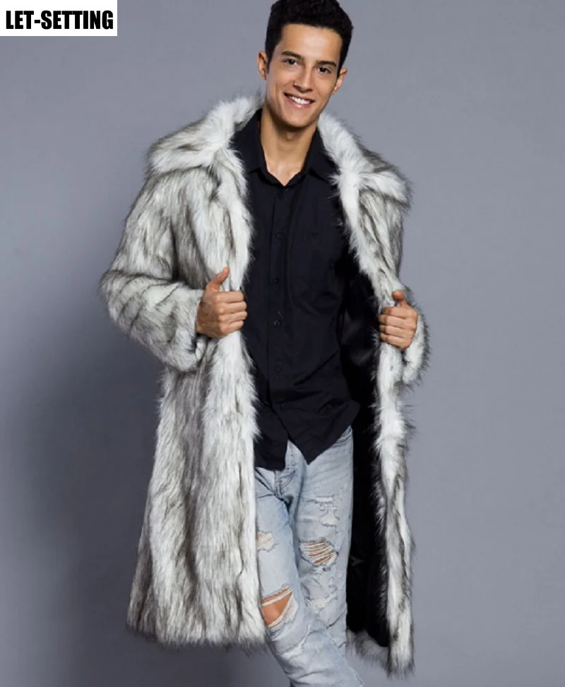 male new Europe America autumn jacket winter square collar plus size imitation long fur coat 3XL,white fake men wool trench coat