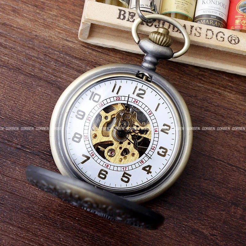 Vintage Steampunk Gears Hollow Bronze Mechanical Pocket Watch Hand Wind Skeleton Necklace Clock Men Womens Gifts