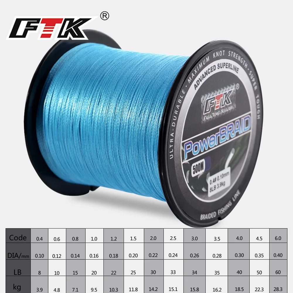 FTK 500M Braided Wire PE Braided Fishing Line 0.10mm-0.40mm 4 Strands 8LB 10LB 20LB 60LB Braided Multifilament Fishing Line