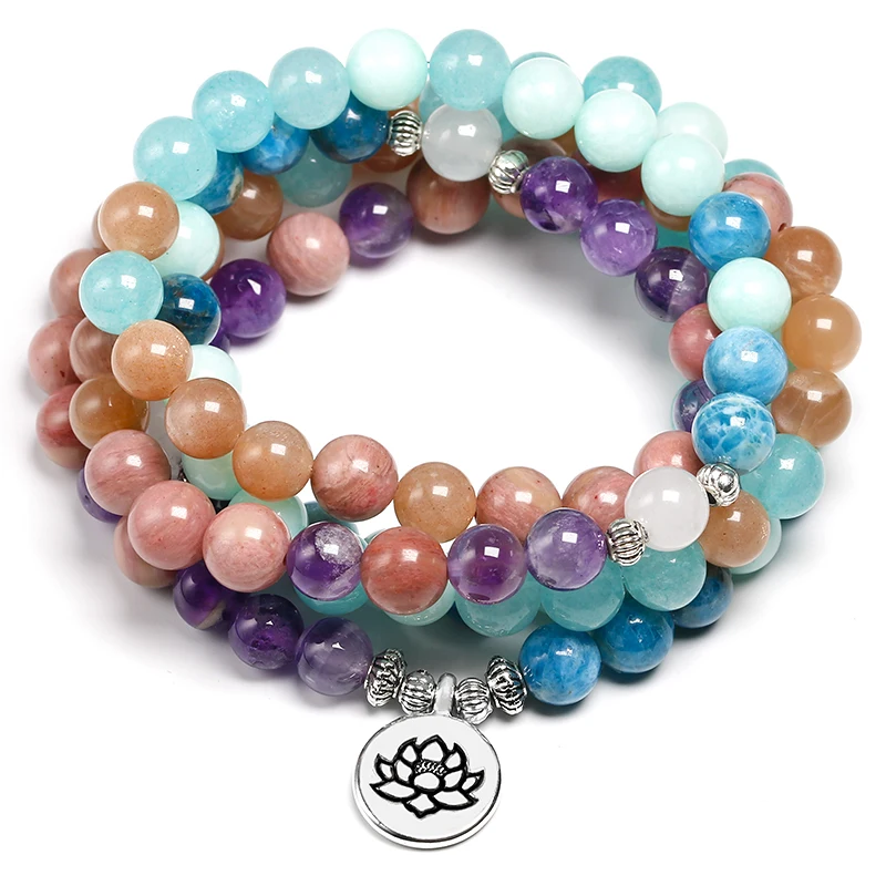 

Natural Stone 108 Mala 8mm beads Multi-layer Buddha Strand Bracelet Yoga Blue apatite Bracelet For Women Summer Sunstone Jewelry