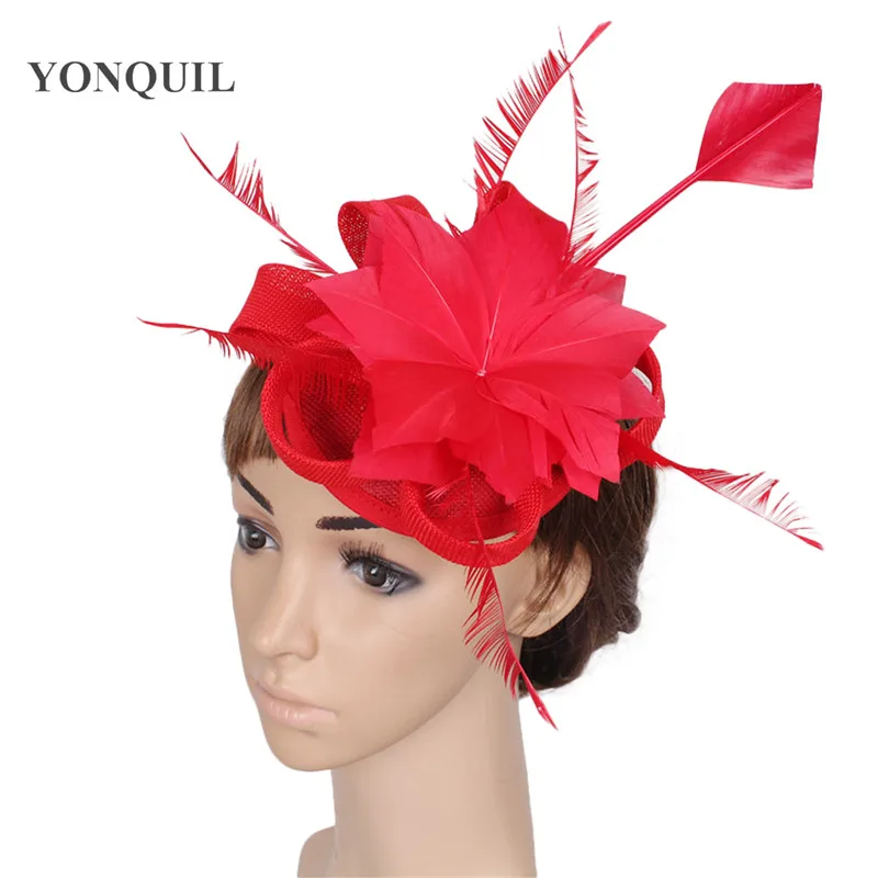 

Red Hair Clip Fascinator With Feather Imitation Sinamay Fascinators Hats Women Wedding Hairbands Party Hat High Quality