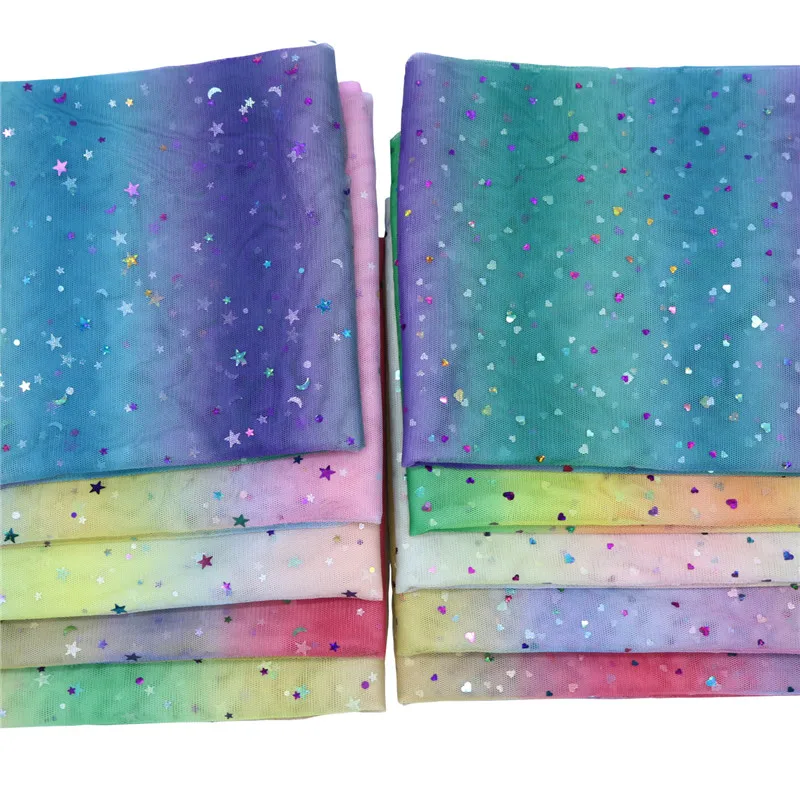 1 meter Gradient Rainbow Stars Moon Sequin Mesh Fabric DIY Stage Clothes Wedding Party Decor Princess Skirt Doll Decorative Gift