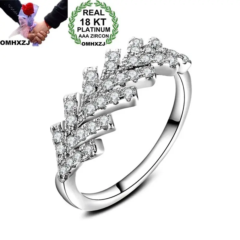 OMHXZJ Wholesale Personality Fashion OL Woman Girl Party Wedding Gift White Feather AAA Zircon 18KT White Gold Ring RN82